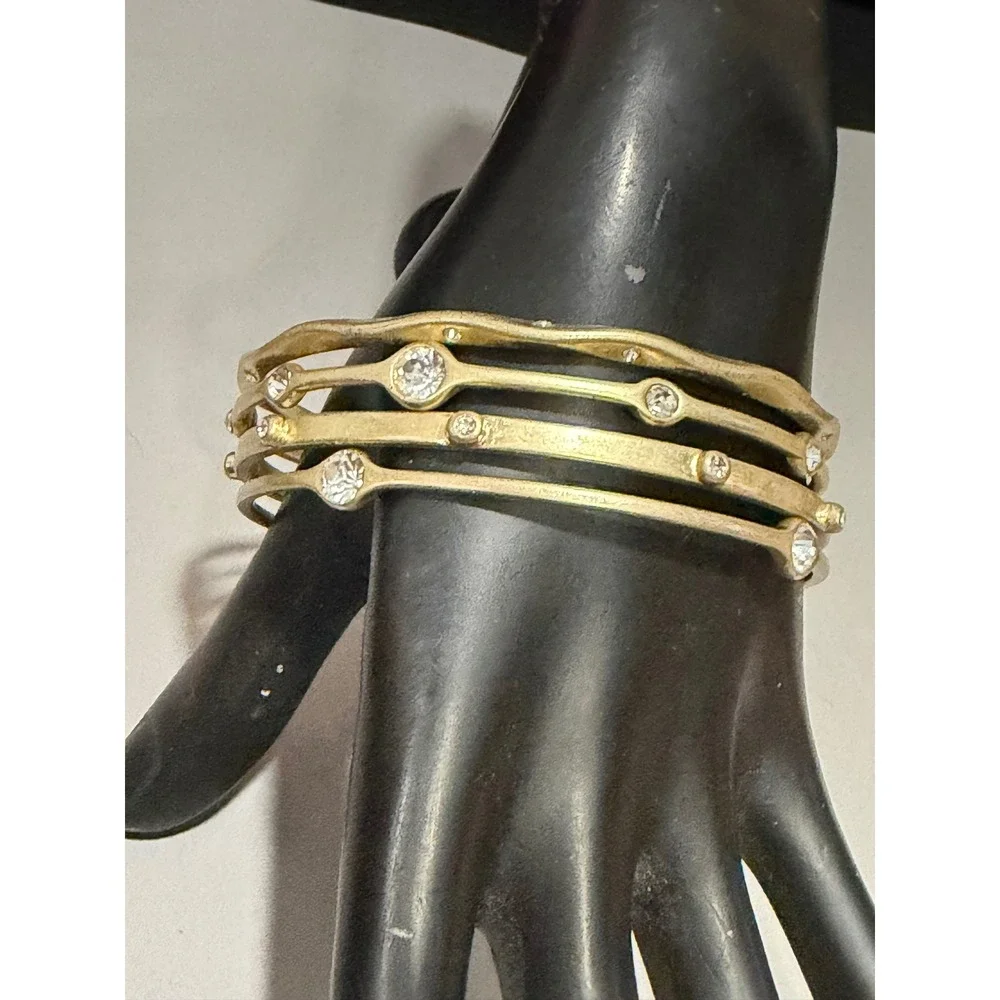 Lia Sophia Bangle Bracelet Set of 4 Bangles Matt Gold Tone Rhinestones Stackable